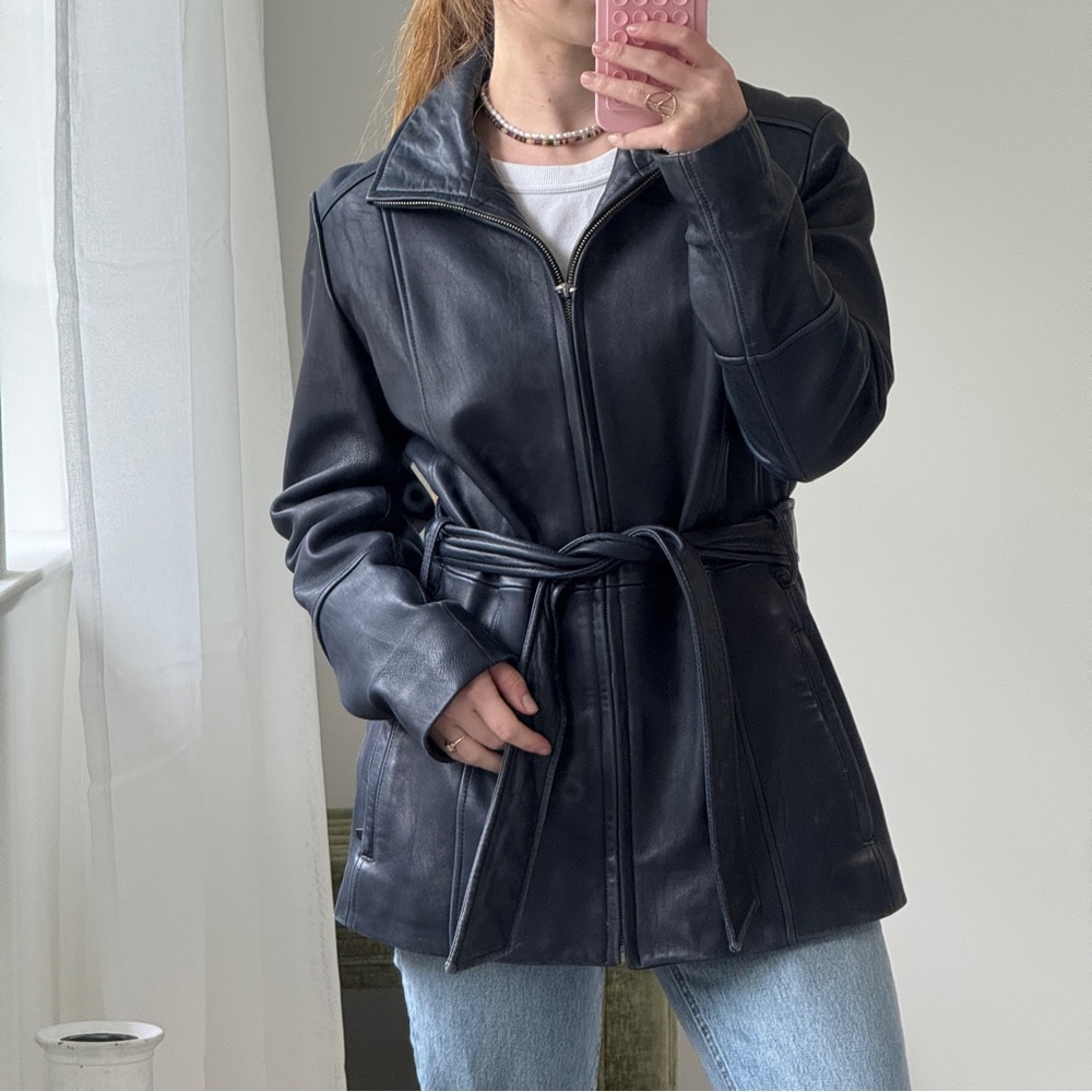 Vintage Genuine Leather Belted Jacket Zip Front Tailored Leather Coat Women
